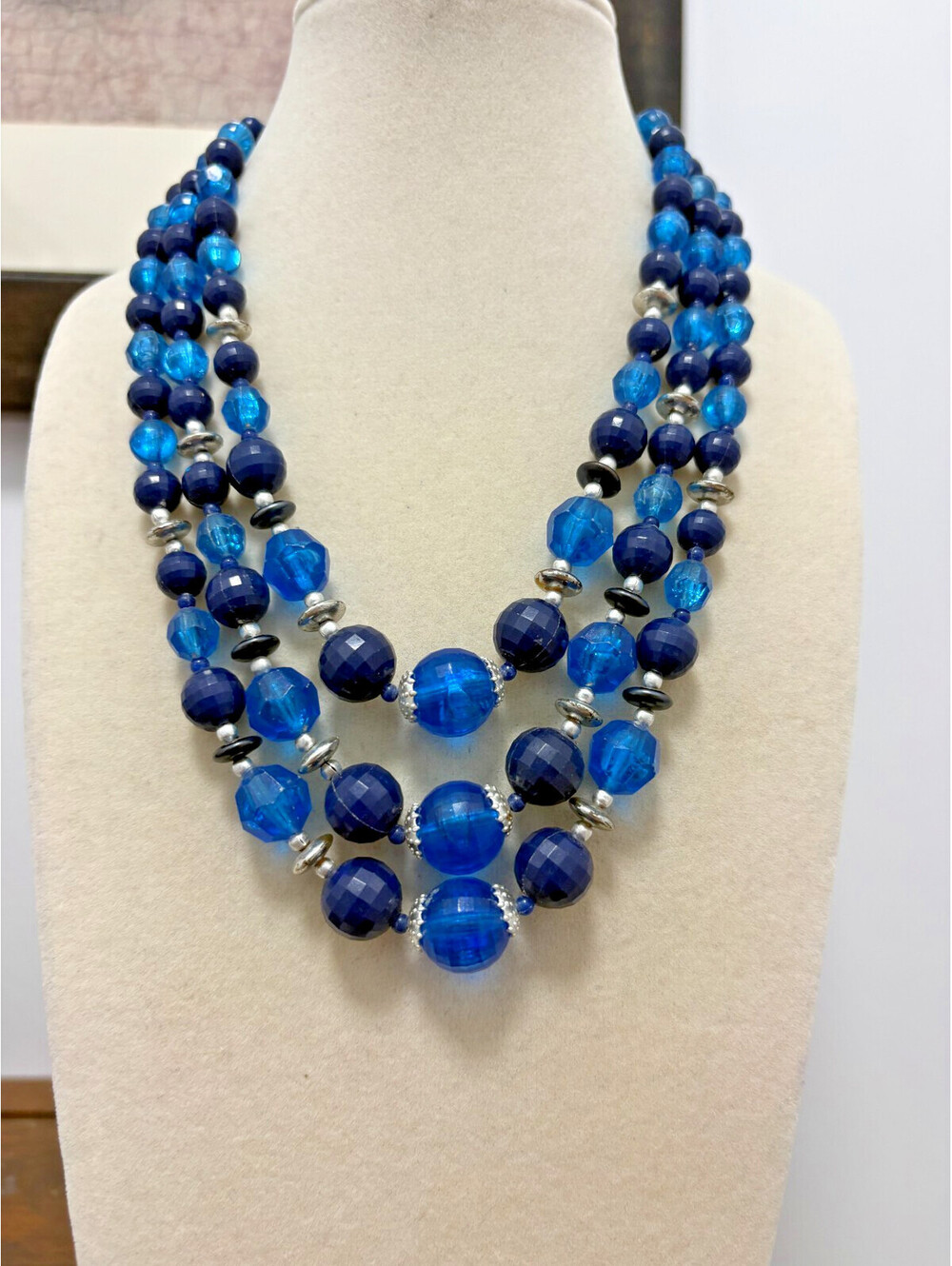 Vintage Japan 3 Strand Blue Lucite Plastic and Silver Tone Beaded Necklace